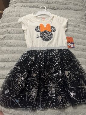 Disney Girls White Top Black Spiderweb Skirt Dress with Orange Bow Accent